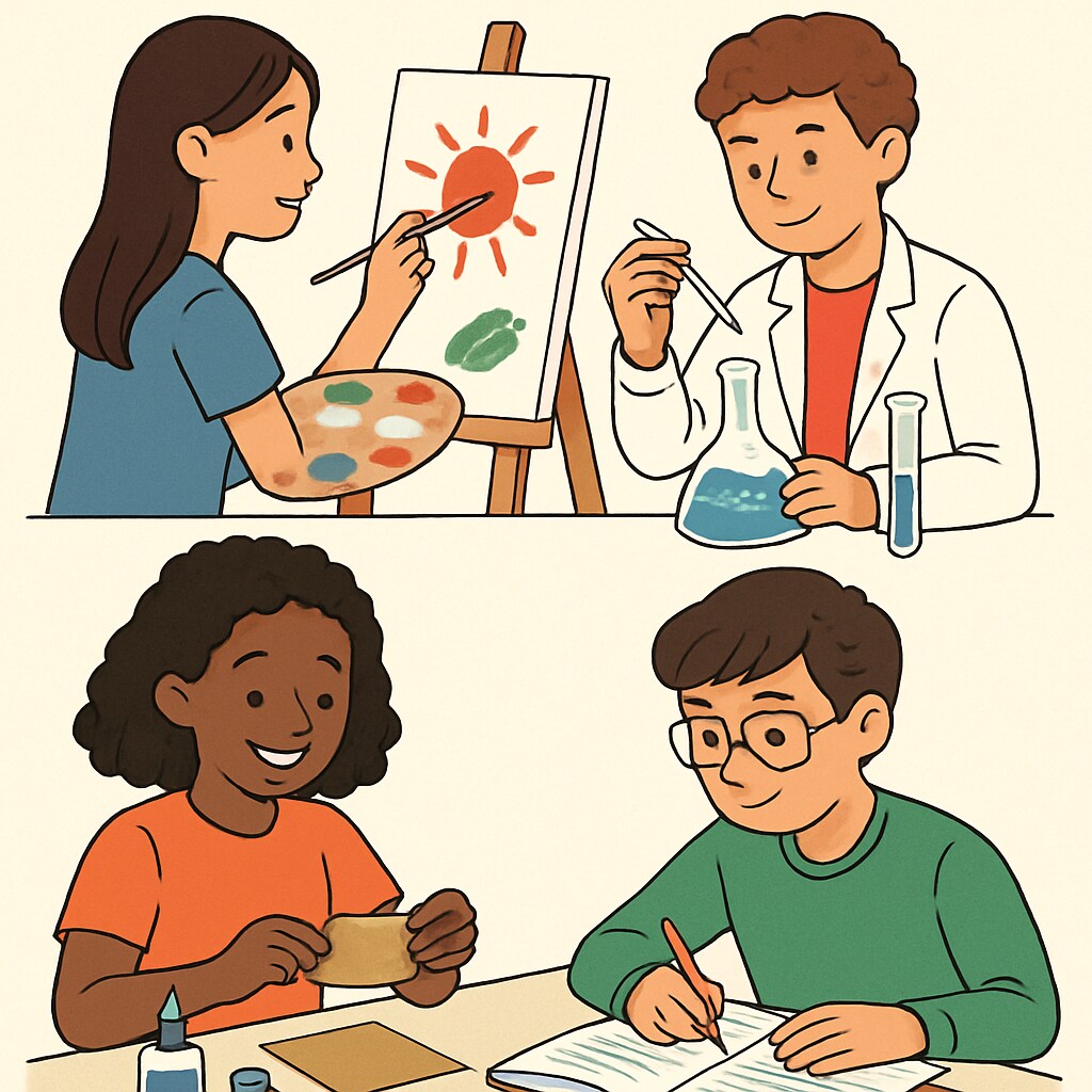 A diverse group of learners engaged in various creative activities, representing the inclusivity of alternative evaluation methods. Learners participating in creative evaluations, symbolizing inclusive gifted testing.