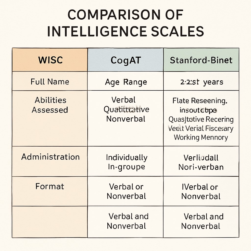 A chart comparing key features of WISC, CogAT, and Stanford-Binet Intelligence Scales. Comparison chart of intelligence test tools for children.
