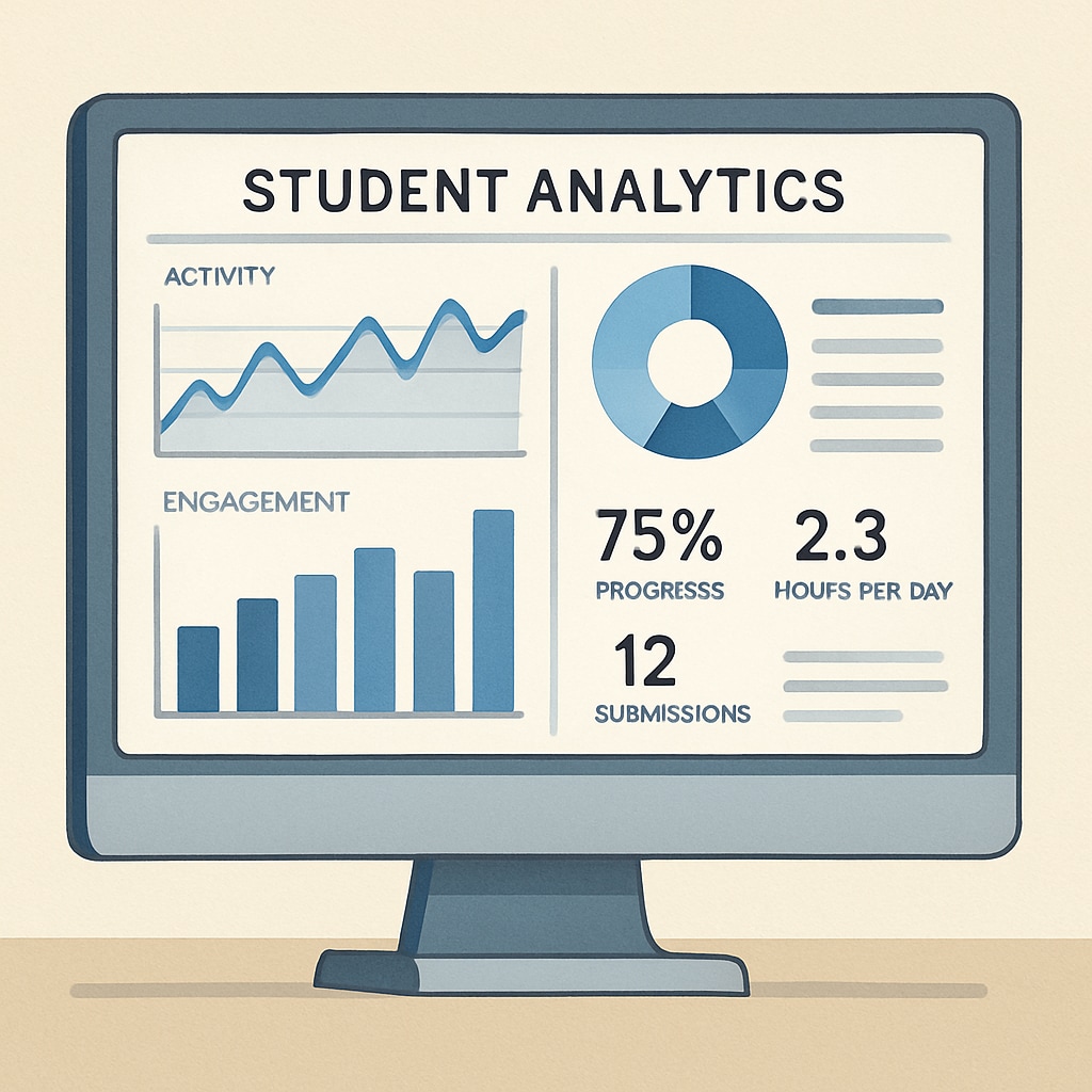 A computer screen displaying data analytics related to student engagement and performance in a digital learning environment. Real-time analytics tools for tracking student engagement and performance.