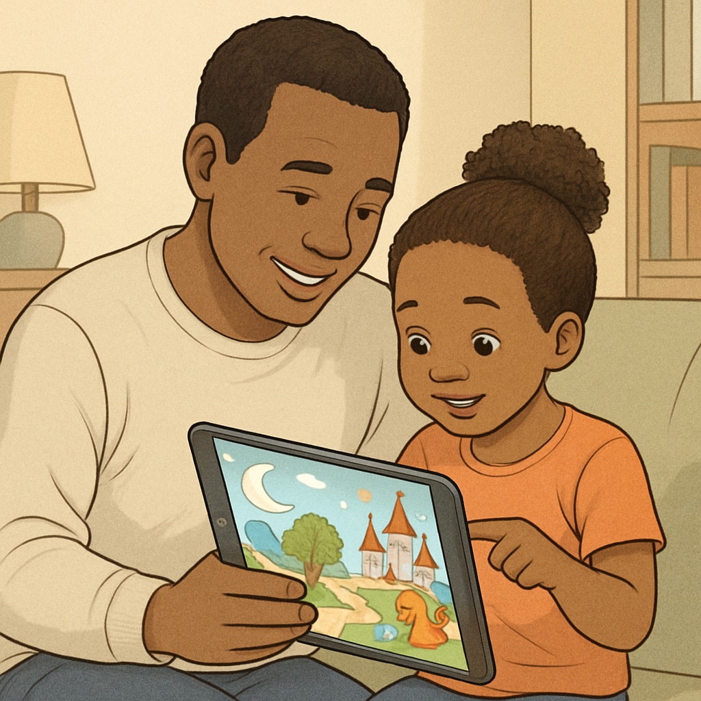 A parent and child using a tablet to explore a colorful storybook app together, symbolizing digital literacy and family bonding. Parent and child exploring a children's reading app on a tablet.