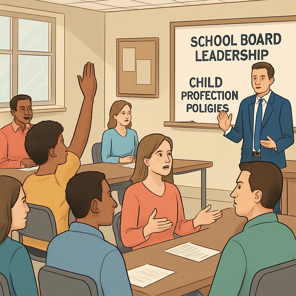 Residents gathered in a community meeting to discuss concerns about school board leadership and child protection policies. Concerned community meeting about school board controversies and child safety.