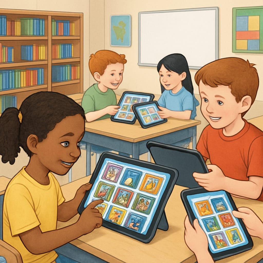 A group of children in a classroom using tablets to explore a digital library of storybooks, emphasizing educational technology. Children in a classroom using tablets for storybook reading.