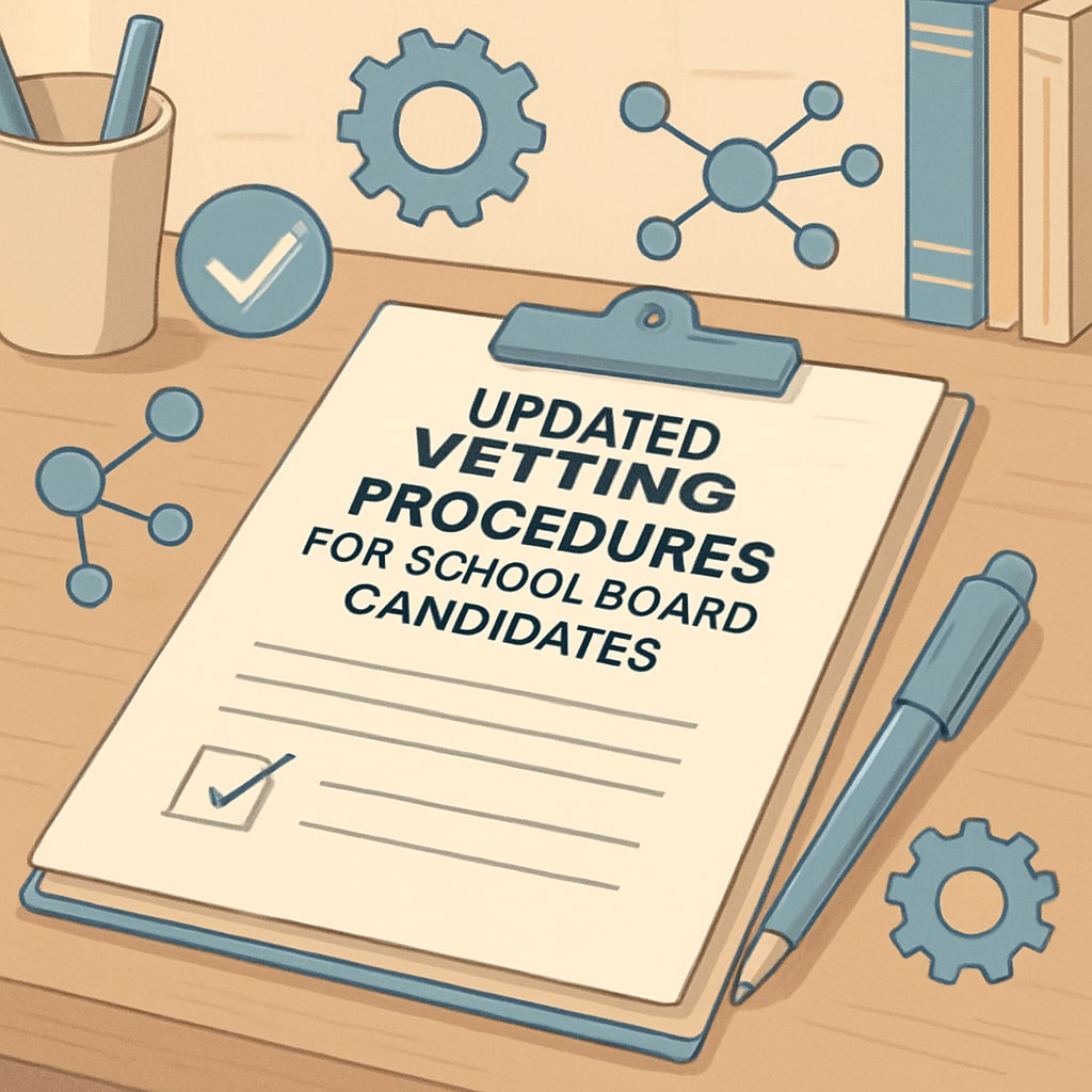 Policy document showing updated vetting procedures for school board candidates, symbolizing systemic reform. Policy updates for school board candidate vetting and child protection.