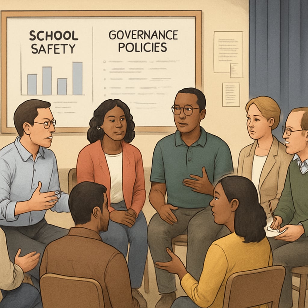 Parents and teachers collaborating during a town hall meeting to discuss school safety and governance policies. Parents and teachers discussing measures to ensure safer school governance.