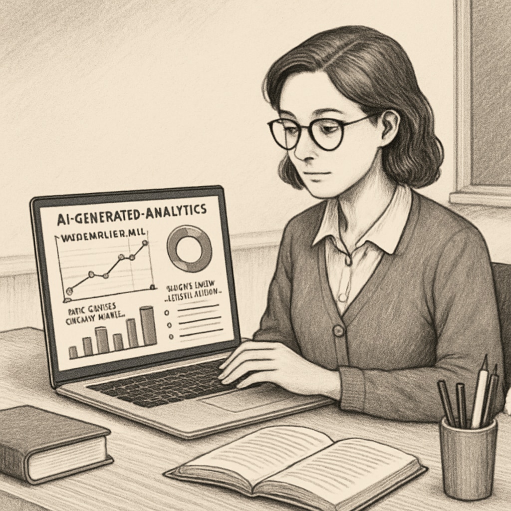 A teacher reviewing AI-generated analytics on a laptop, showcasing student performance metrics and intelligent assessment systems. Teacher analyzing AI-generated student performance data on a laptop.