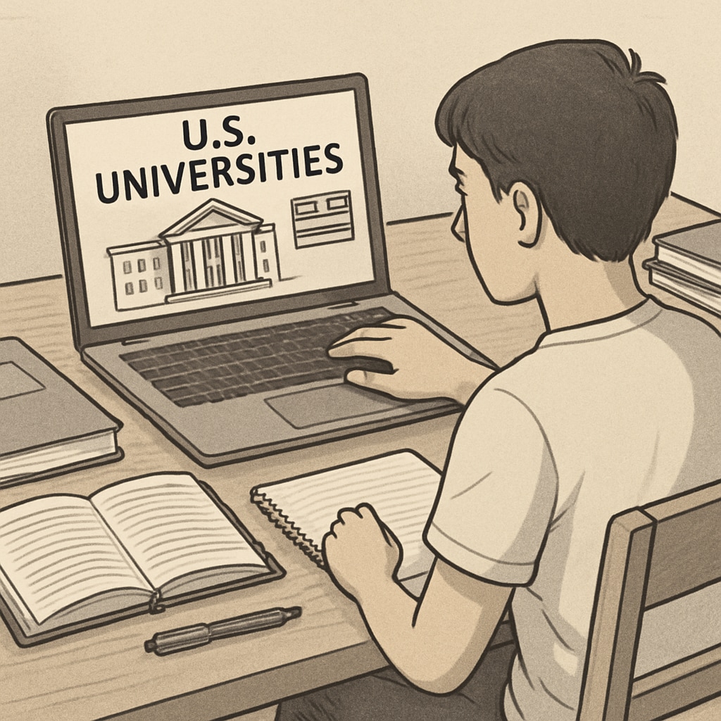 A student researching U.S. universities on a laptop with study materials nearby. A student researching U.S. master's application strategies on a laptop.