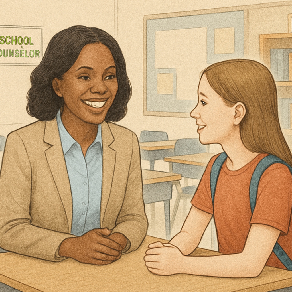 A smiling school counselor talking to a student in a classroom setting. School counselor interacting with a student, representing school counseling interviews.