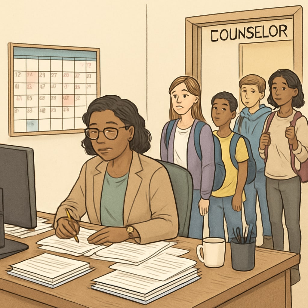 A busy school counselor at their desk, illustrating the challenges of accessibility for interviews. School counselor managing a busy schedule at their desk.