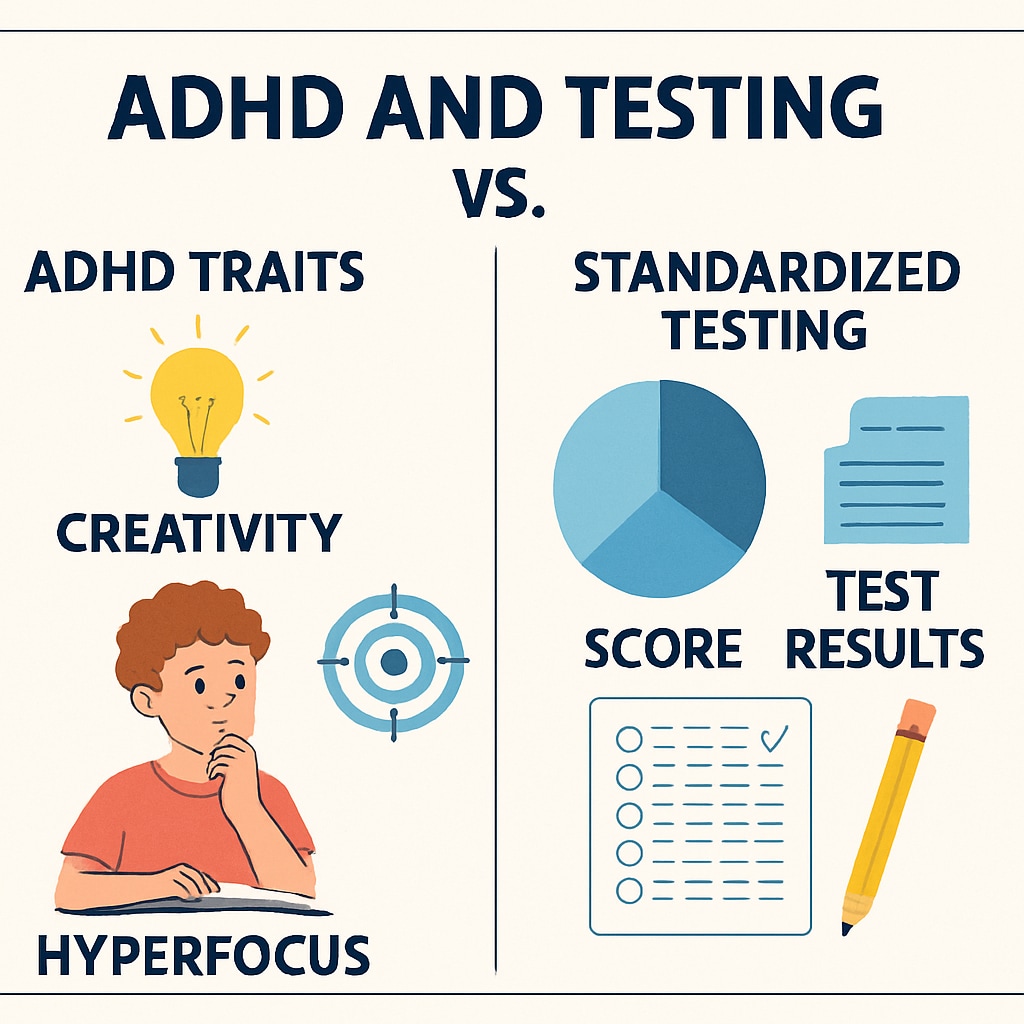 A graphic showing ADHD traits, such as creativity and hyperfocus, compared against standardized testing metrics. Visual representation of ADHD traits versus testing metrics.