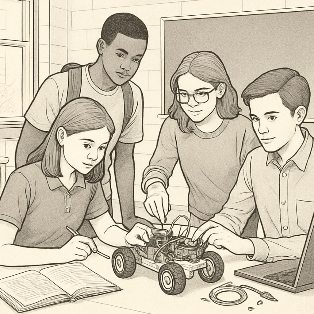 A group of high school students collaborating on a technical project in a classroom setting. High school students working on a technical project, balancing academics and vocational training.