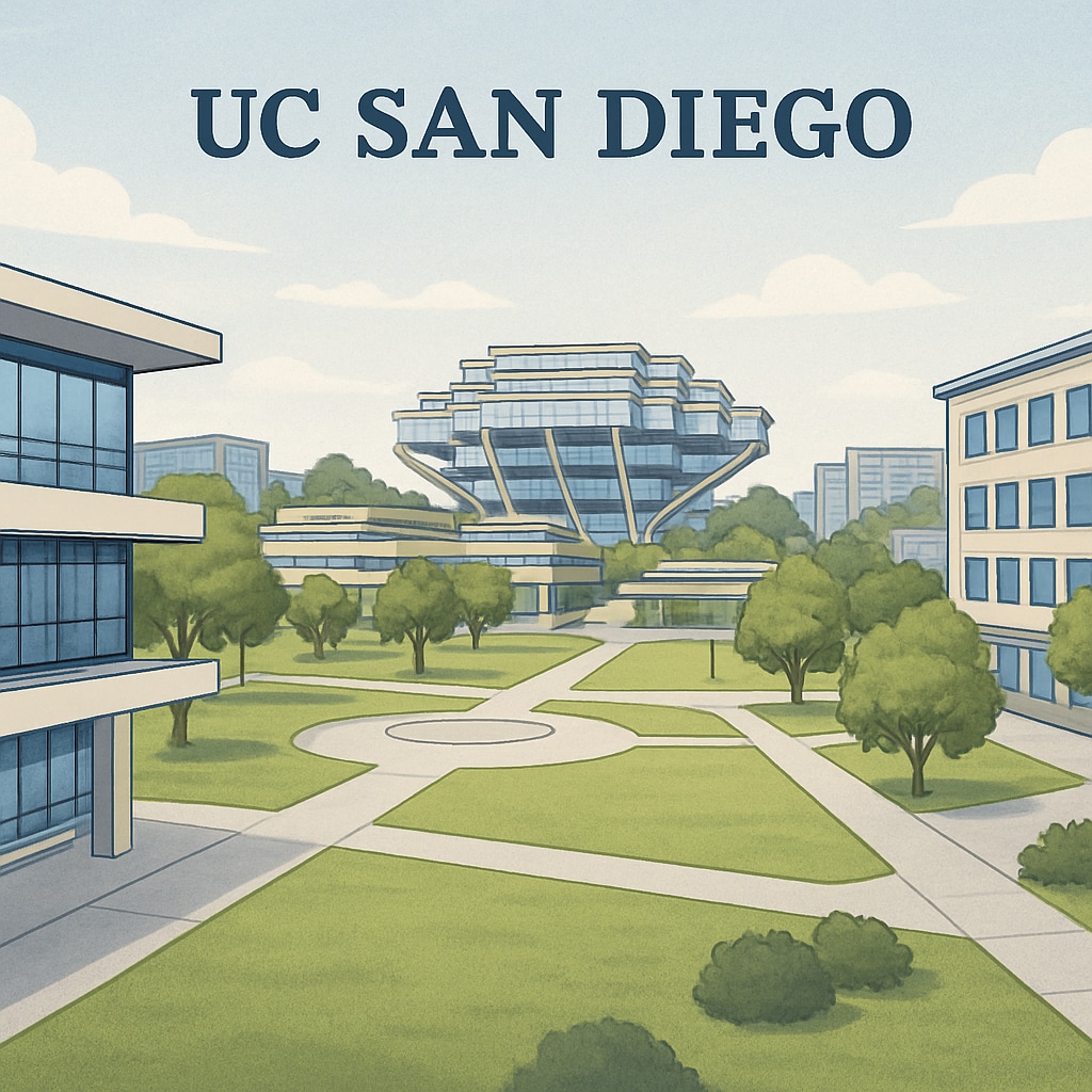 A panoramic view of UC San Diego’s campus, showcasing its modern educational facilities and vibrant student life. UC San Diego campus view highlighting modern facilities and student life.