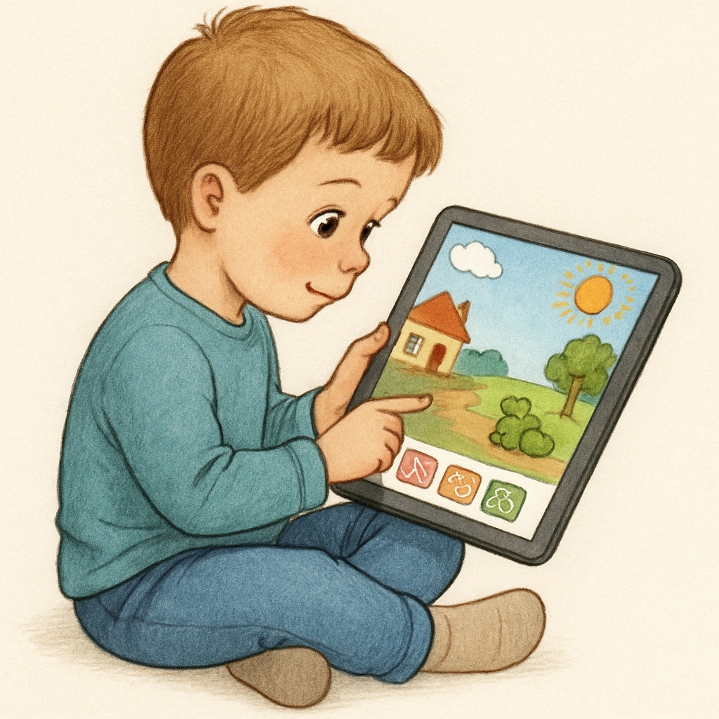 A child holding a tablet while interacting with a colorful storybook app. Child using a children’s reading app on an Android tablet.
