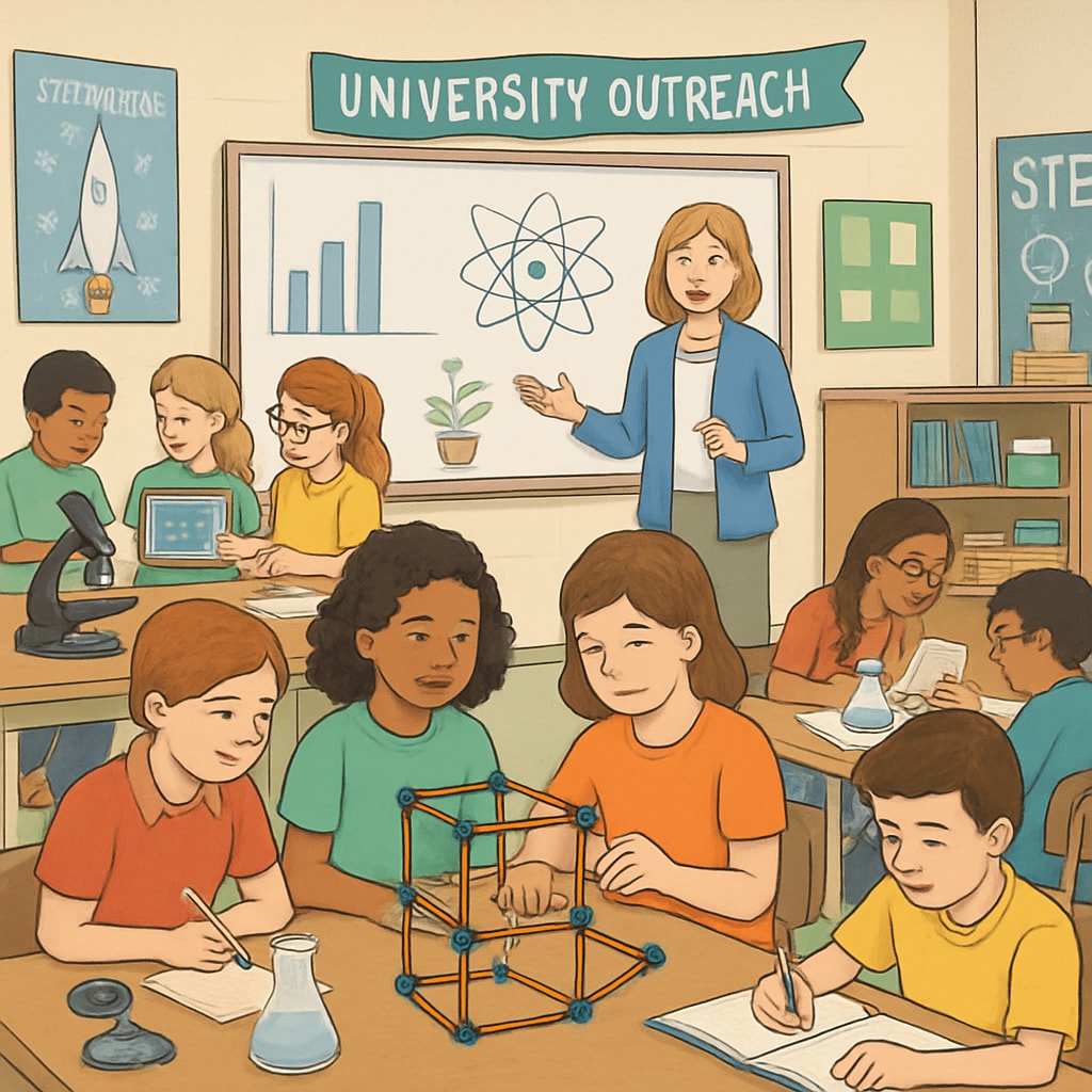 A classroom setting in a K-12 school where students are actively engaged in STEM learning activities, supported by university outreach programs. Students in a K-12 classroom participating in STEM activities linked to university outreach.