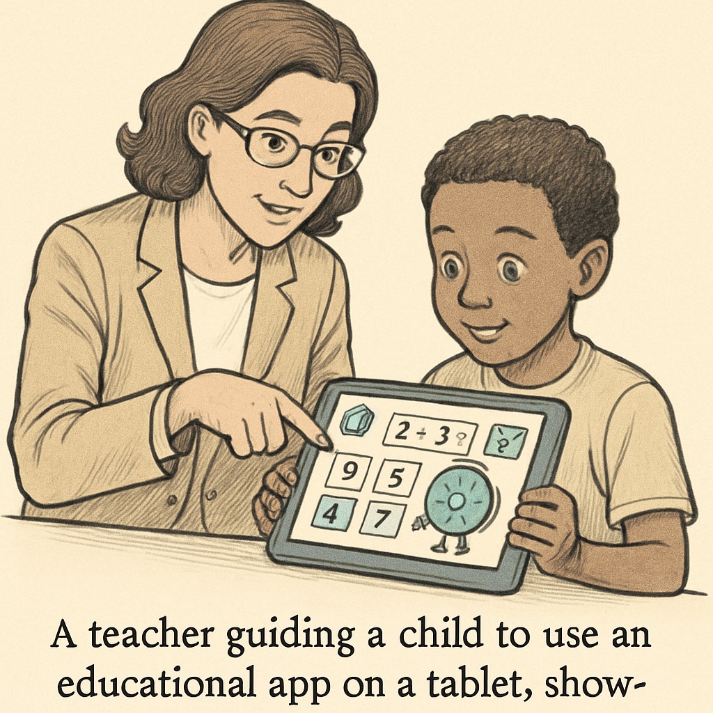 A teacher guiding a child through an educational app on a tablet, emphasizing interactive features. Teacher assisting a child with an Android-based reading app.