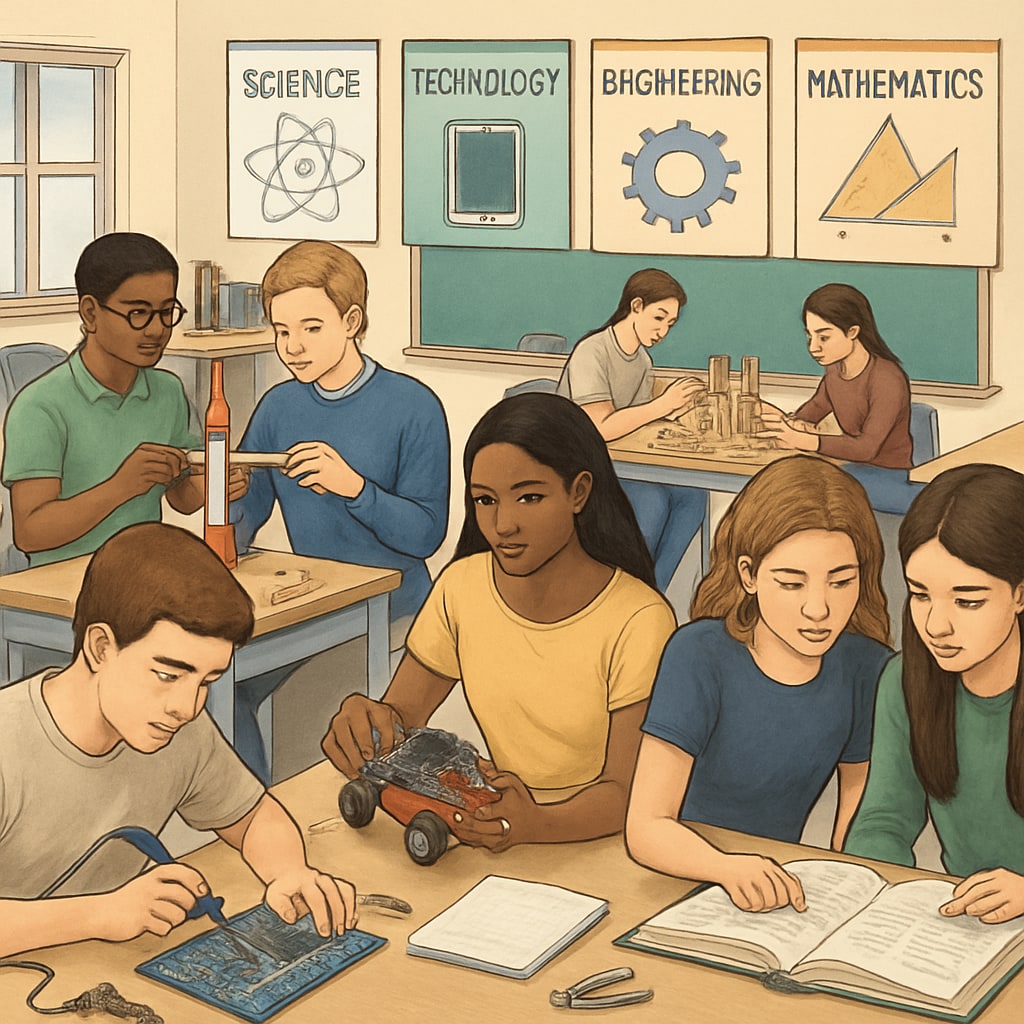 A classroom of high school students engaged in a STEM workshop. High school students participating in a STEM activity, preparing for college.