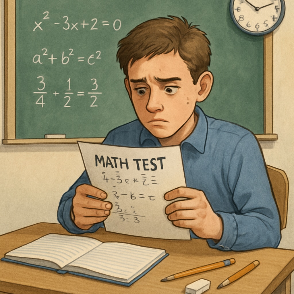 A high school student sitting at a desk, looking anxious while reviewing a math test. A high school student experiencing math anxiety while preparing for an exam.