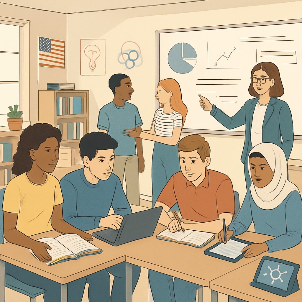 Classroom showcasing diverse learners and modern teaching methods for U.S. master's applications