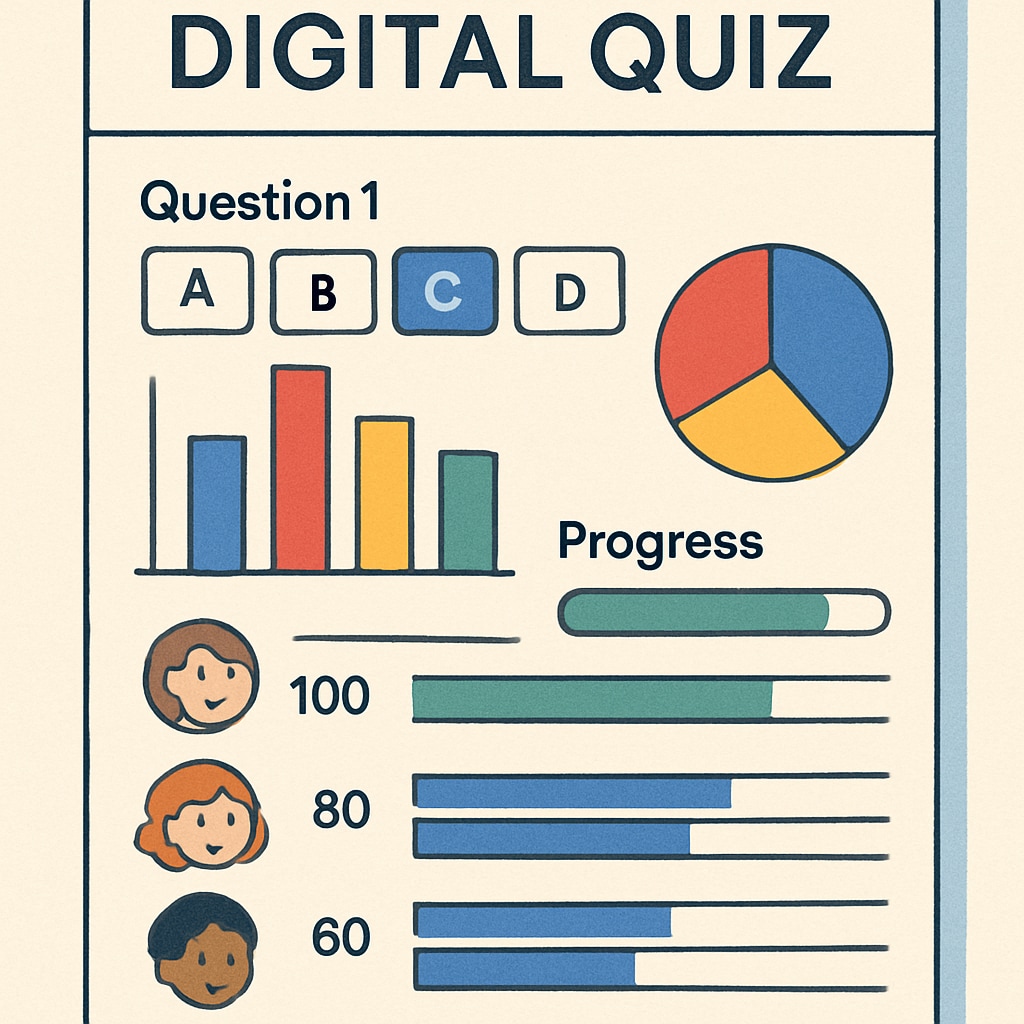 A screenshot of a digital quiz interface with colorful graphs and student progress tracking features. Digital quiz interface showing graphs and progress tracking for teaching tools.
