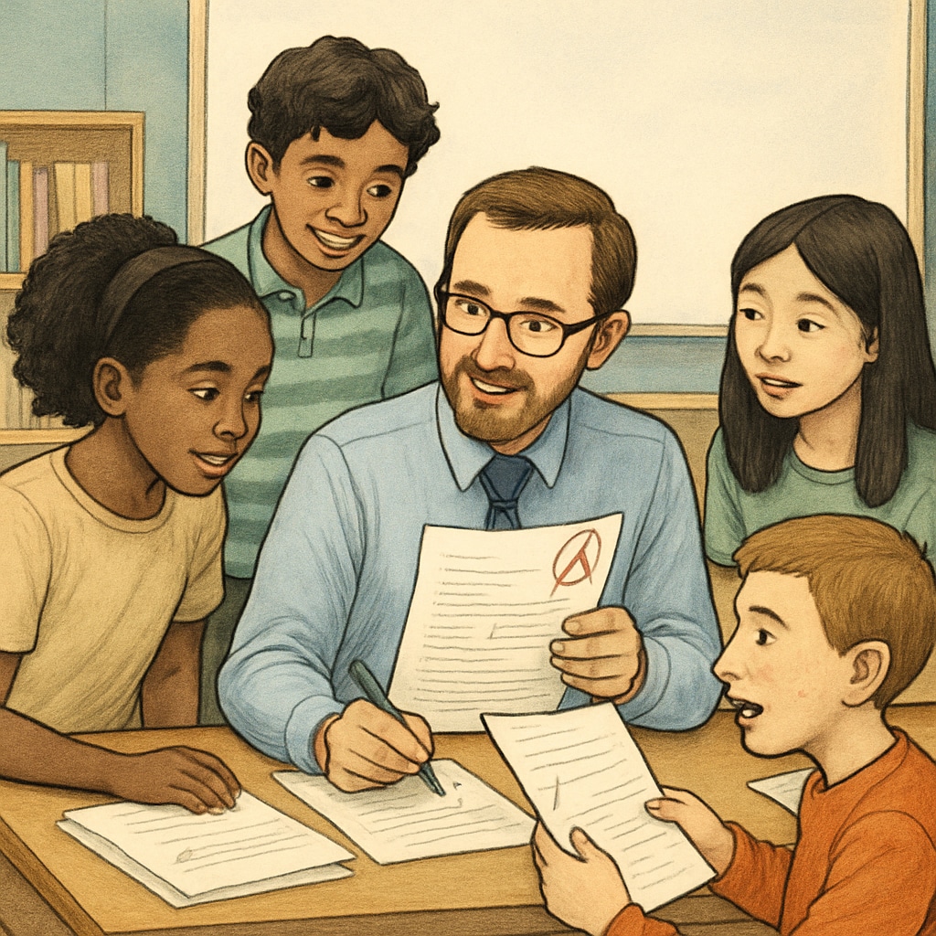 A teacher reviewing test papers with a group of diverse K12 students, emphasizing collaboration and feedback. Teacher reviewing test resources with K12 students in a collaborative setting.