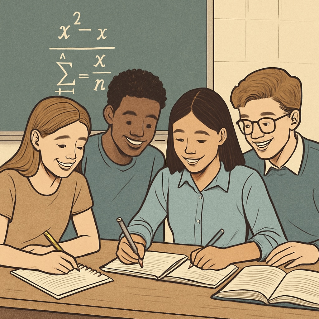 A group of students working together on math problems, smiling and engaged. Students collaborating on math problems to reduce exam stress.