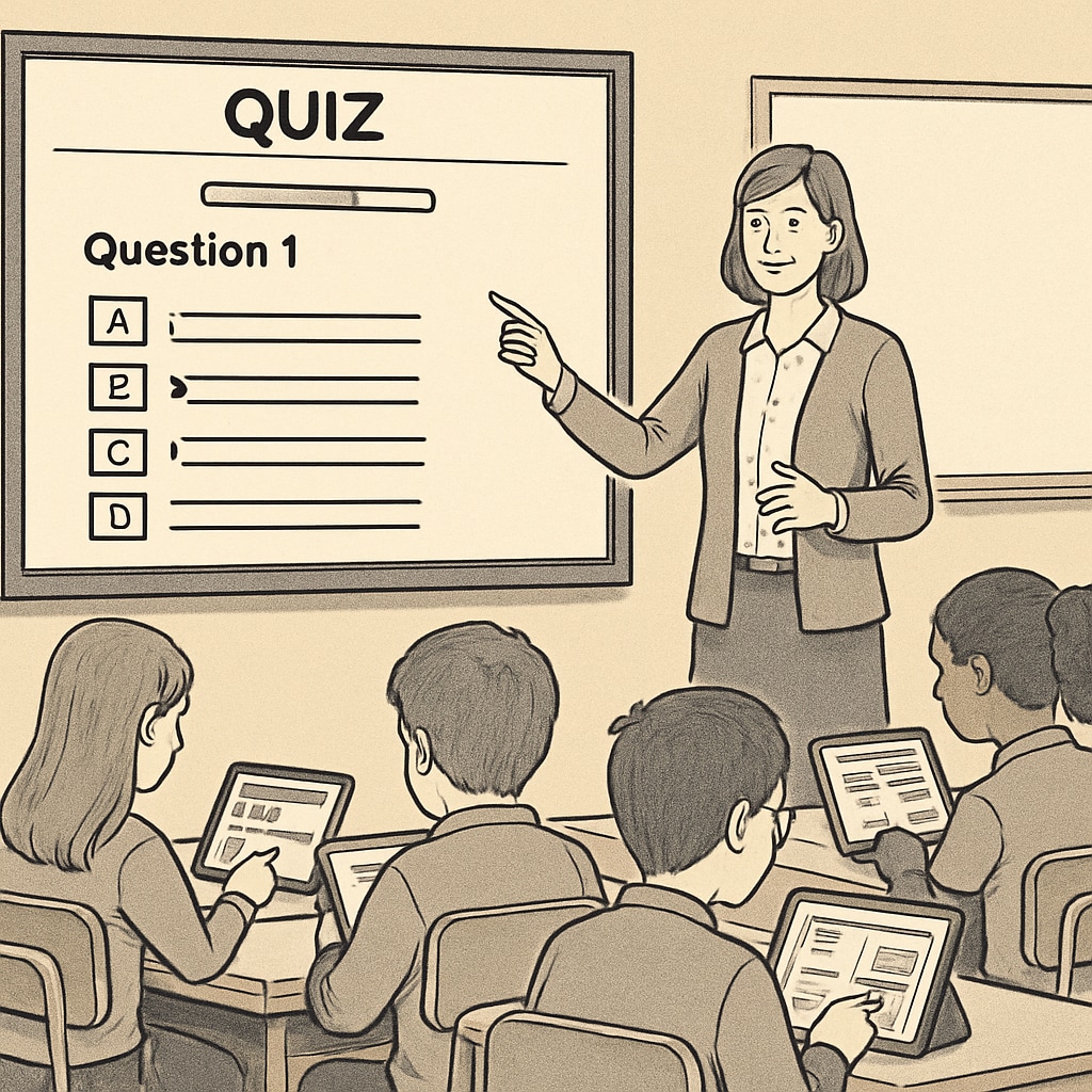 A teacher using an online quiz platform in a classroom setting with students actively participating. Classroom scene showing a teacher and students engaged with online quiz tools.