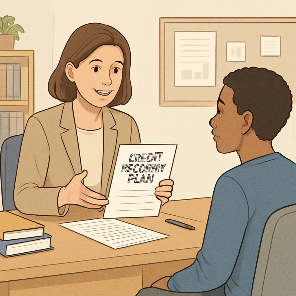 A school counselor discussing credit recovery plans with a student seated at a desk. High school counselor helps student with ADHD create a credit recovery plan.