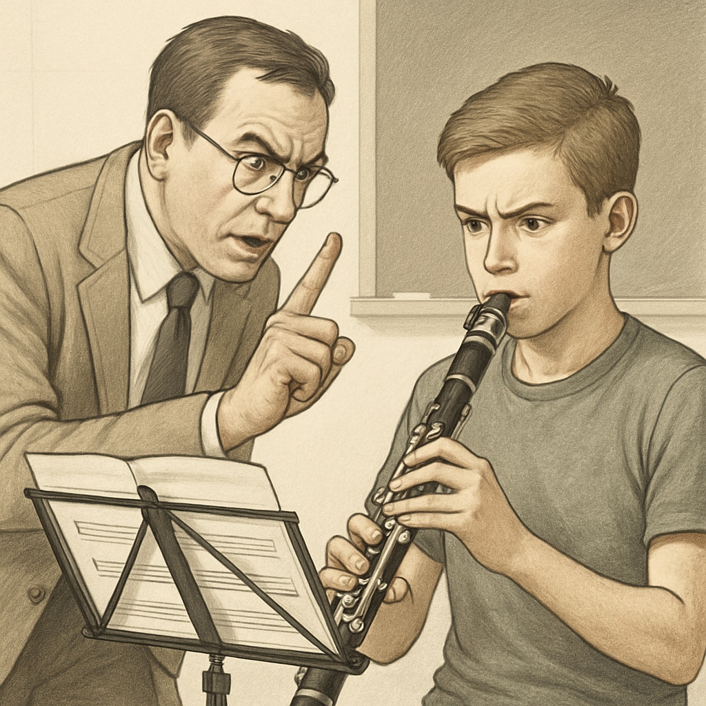A teacher intensely coaching a young musician in a high-pressure environment, illustrating the concept of rigorous education methods. A teacher coaching a musician under rigorous education methods