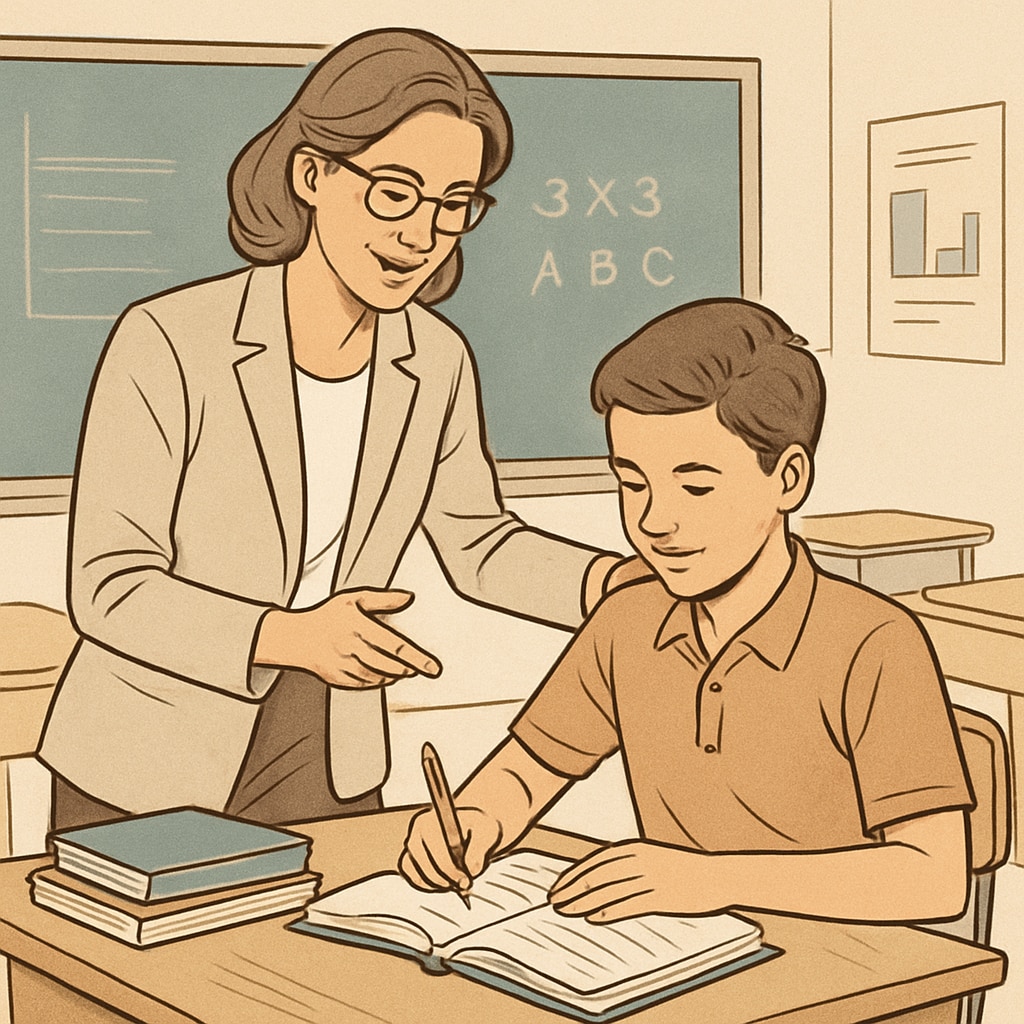 A classroom scene illustrating a teacher encouraging a student while maintaining high standards. Rigorous teaching methods balanced with encouragement in education.