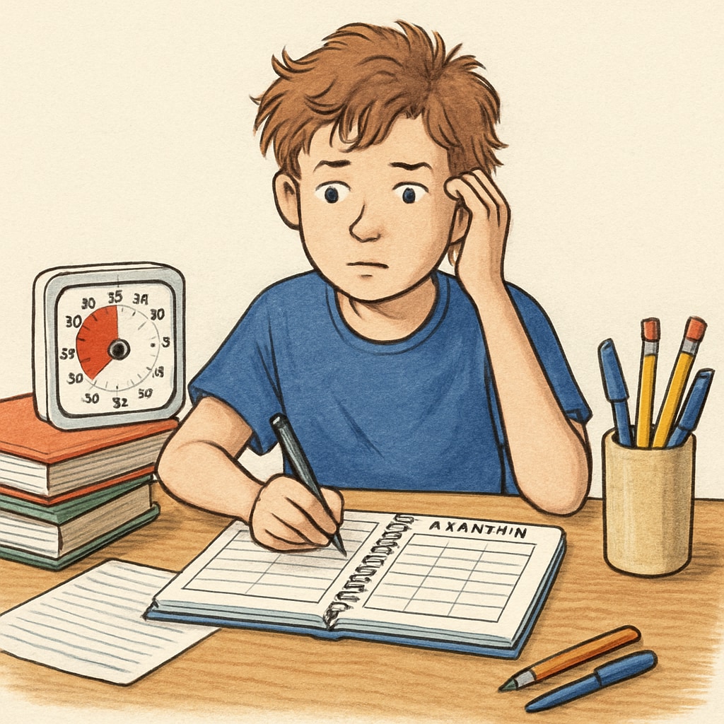 A student with ADHD studying at a desk using a timer and planner to stay on track. ADHD student utilizing tools for focus during high school credit recovery.