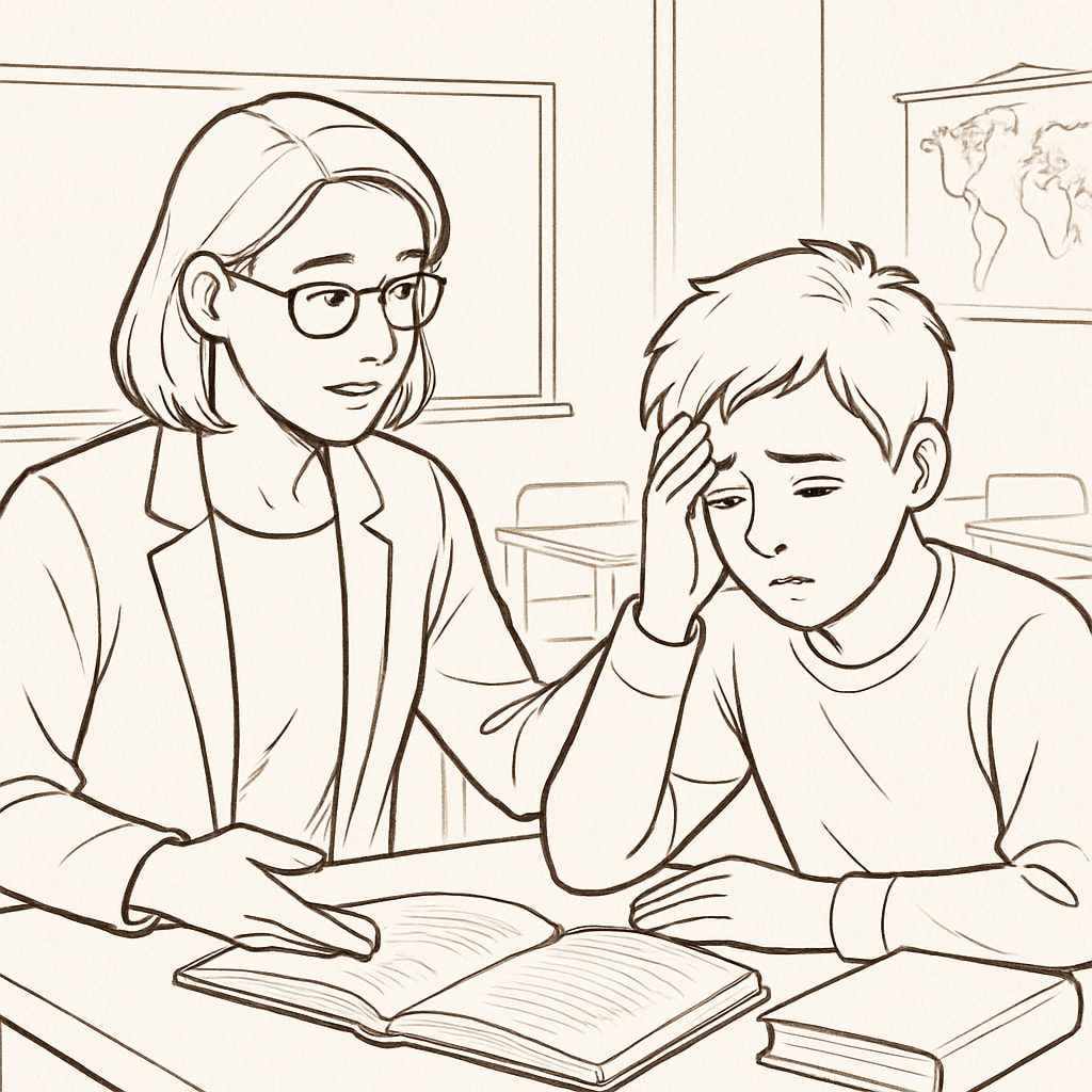 A teacher consoling a student while discussing academic challenges, demonstrating compassion in education. Compassionate teaching methods in education.