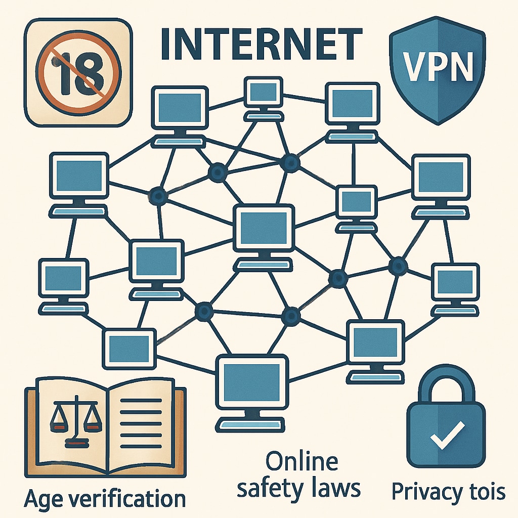 A visualization of the internet with age verification icons and VPN graphics, illustrating the relationship between online safety laws and privacy tools. Internet graphic showing age verification and VPN usage in the UK.