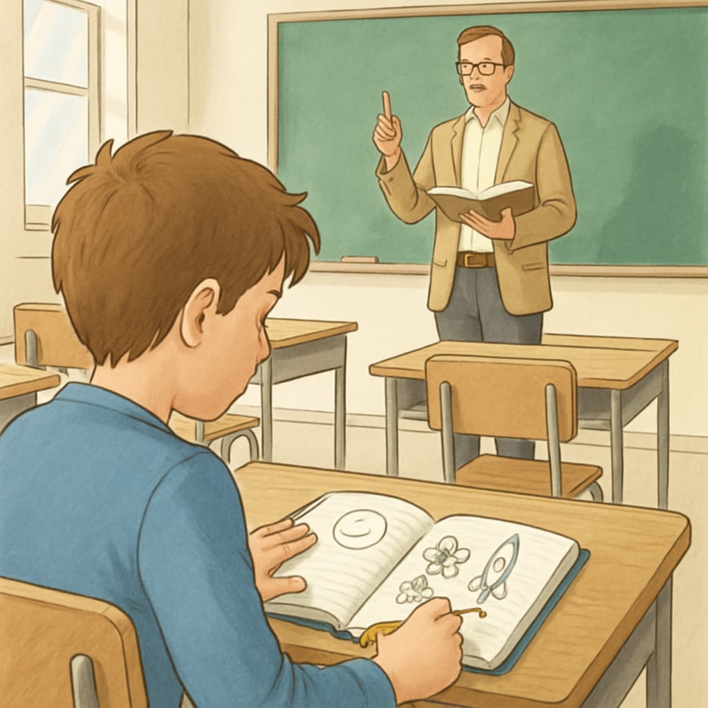 A student doodling in their notebook while ignoring the teacher during class. A disengaged student in class symbolizing the issue of boredom in education.