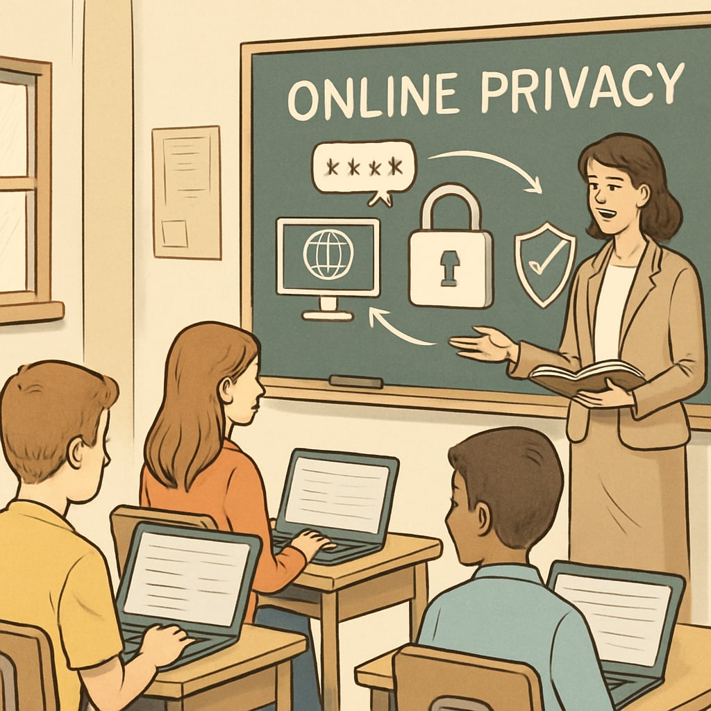 A classroom setting where a teacher explains online privacy concepts with students using laptops, symbolizing K12 education's role in digital literacy. A teacher explaining online safety and privacy to students in a classroom.