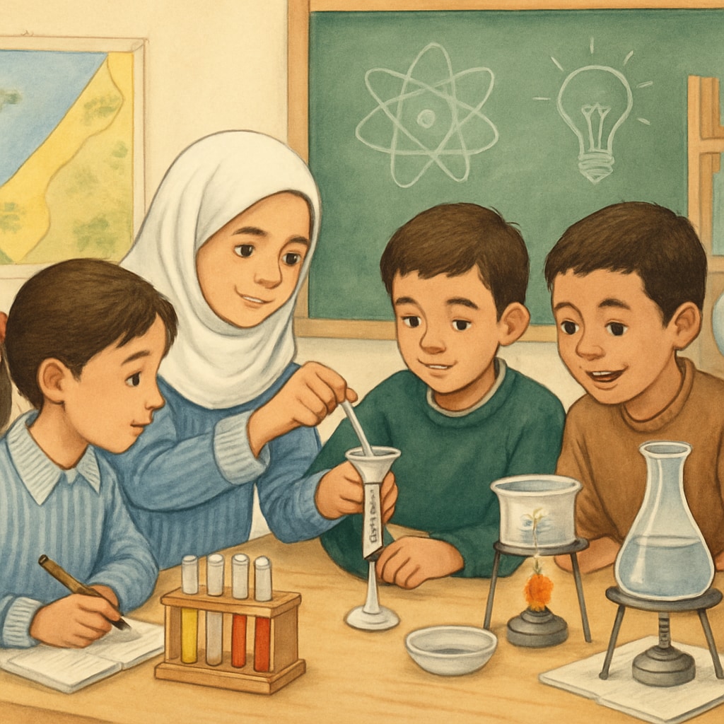 Children conducting a science experiment in a Gaza school as part of the new curriculum.