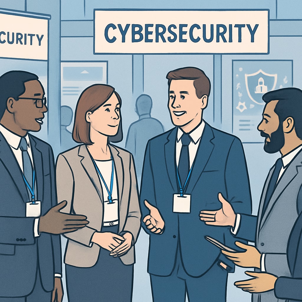 Cybersecurity professionals networking at an event, emphasizing career-building opportunities.