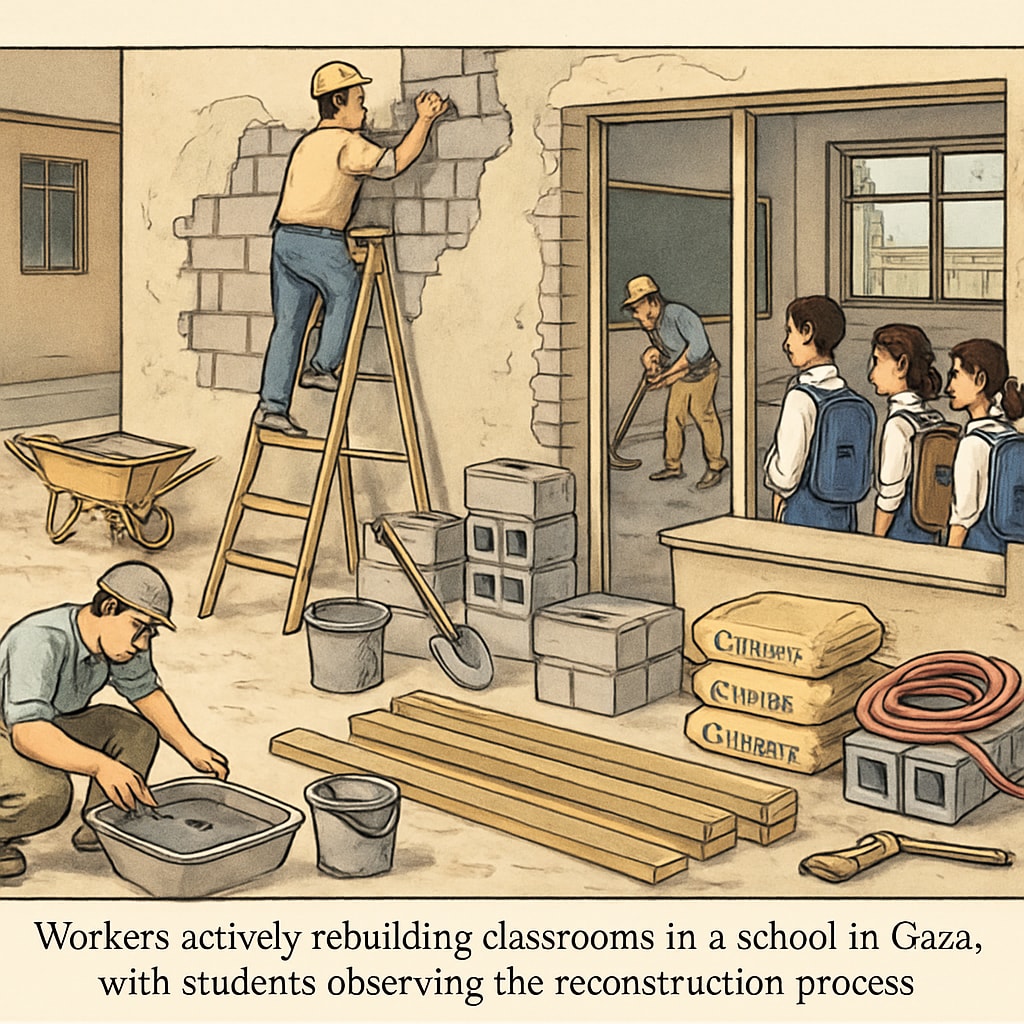 Workers rebuilding Gaza classrooms with students watching the reconstruction process.
