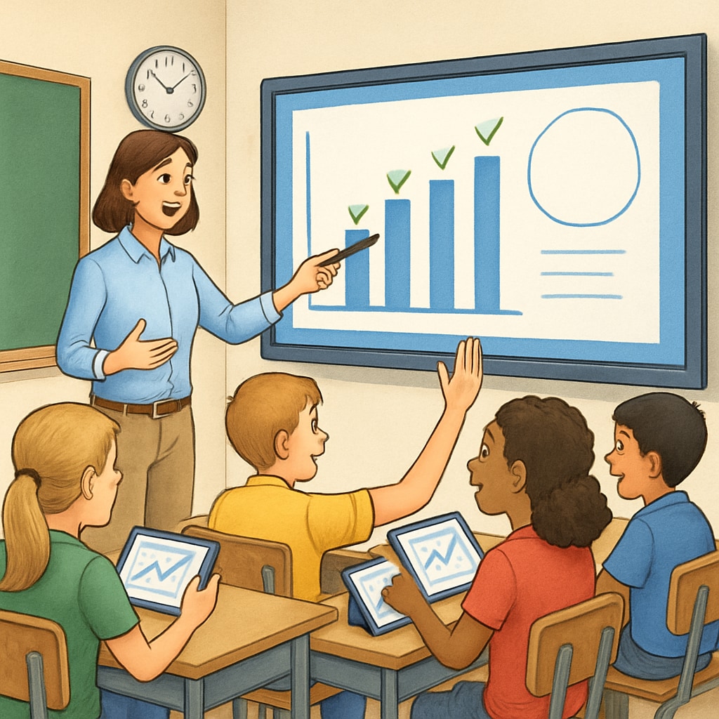 A teacher actively engaging with students using interactive technology, fostering enthusiasm in the classroom. Teacher engaging students with technology to combat classroom boredom.