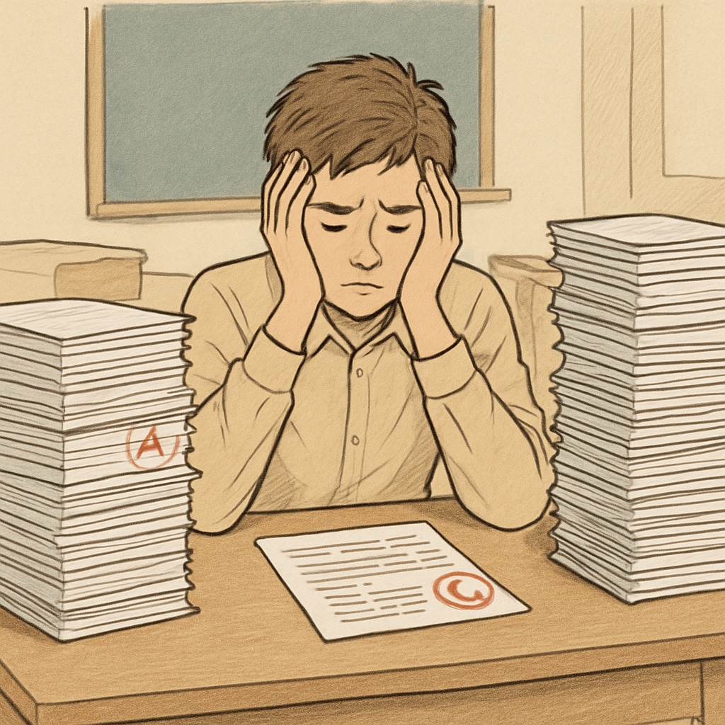 A high school student looking frustrated while studying, with piles of graded assignments surrounding them. Student overwhelmed by grades and assignments, reflecting the limitations of grade-based evaluations.