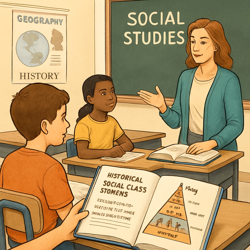 An educational classroom setting with students studying a social studies textbook, focusing on a section about historical social class systems. Students studying a social studies textbook about social class systems.