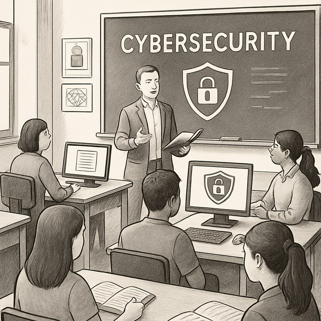 A classroom of students learning cybersecurity skills in a university setting. Students learning cybersecurity concepts in a classroom; related to university prestige and job prospects in cybersecurity.