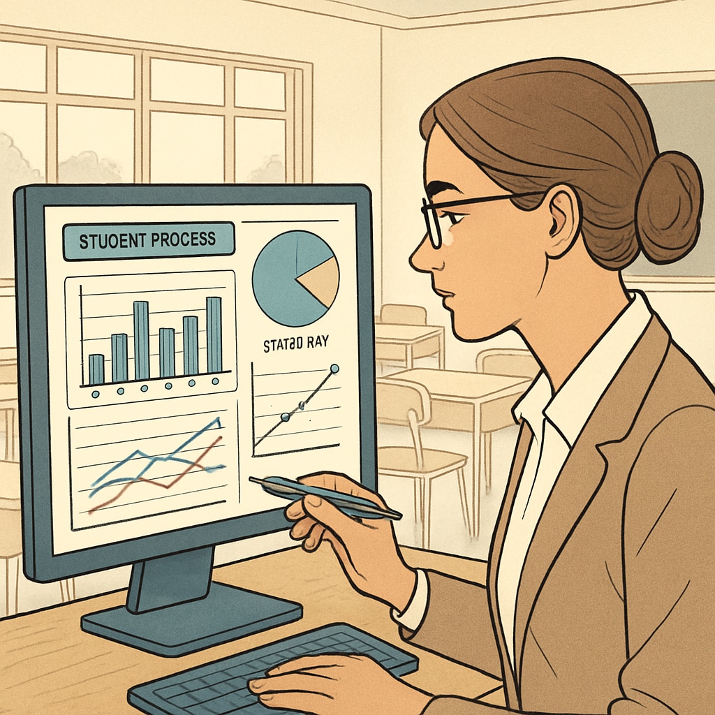 A teacher analyzing data on a learning management system, showing student progress charts and engagement metrics. Teacher using real-time tracking tools to monitor student learning progress.