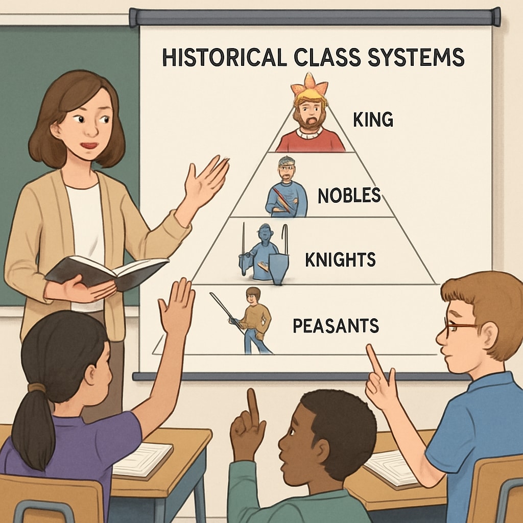 A social studies textbook page showing a diagram of historical class systems, such as feudalism or the caste system, with students discussing the content in a classroom. A textbook page explaining social class systems with students discussing it in class.