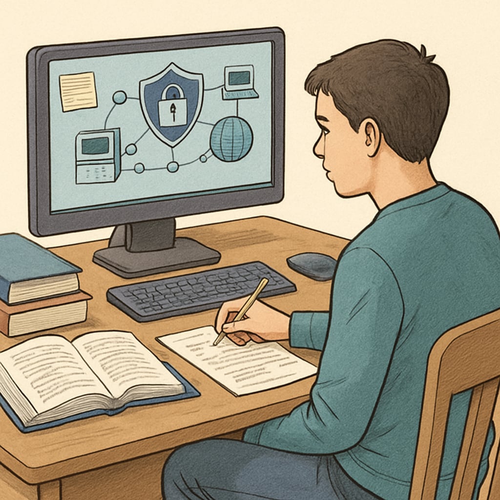 A student working on a cybersecurity lab project with a computer. A student practicing cybersecurity skills in a lab; related to hands-on training for cybersecurity careers.