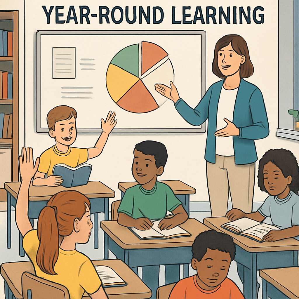 A classroom with students actively engaged in year-round learning, showcasing a modern education environment. Students participating in year-round schooling, learning retention in focus.