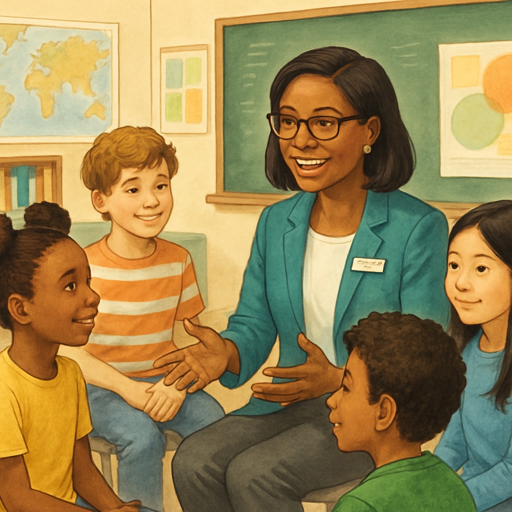 School counselor assisting students in a classroom environment.
