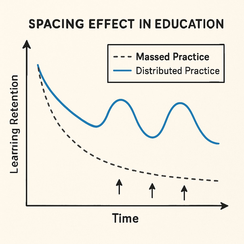 A graph illustrating the spacing effect in education, showing improved learning retention over time with distributed practice. Visual representation of the spacing effect and its impact on learning retention in year-round schooling.