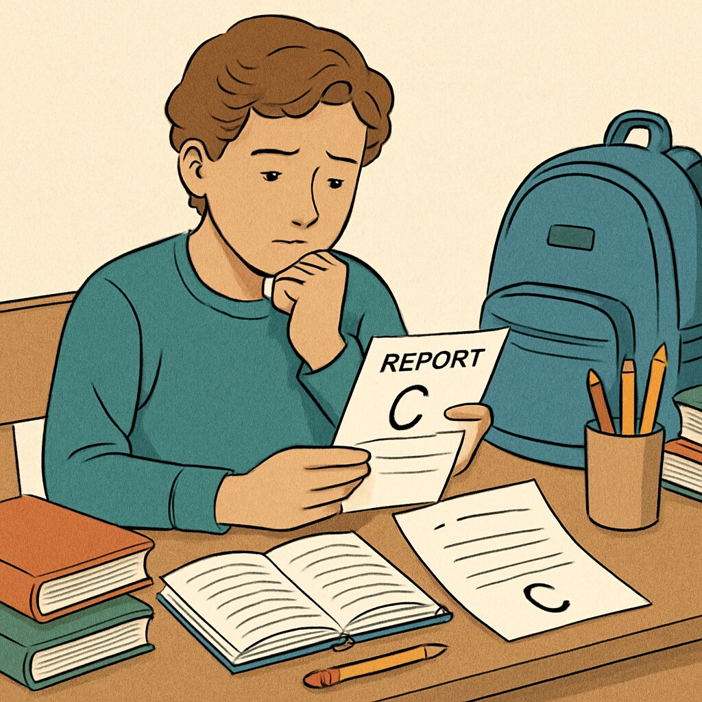 A student looking at their report card with mixed emotions, symbolizing the limitations of grade-based assessments. A student reviewing their grades, reflecting challenges in traditional assessment systems.