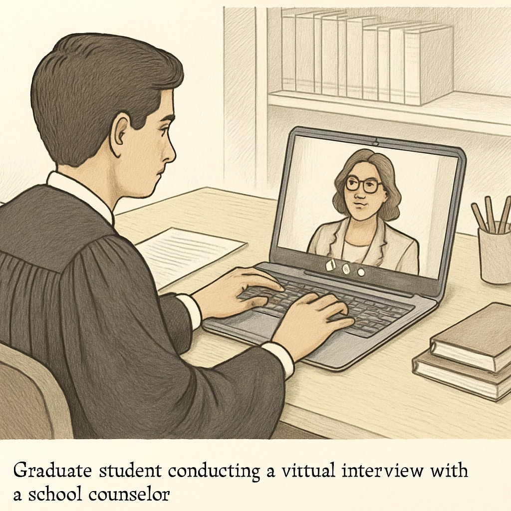 Graduate student holding an online interview with a counselor via video call.