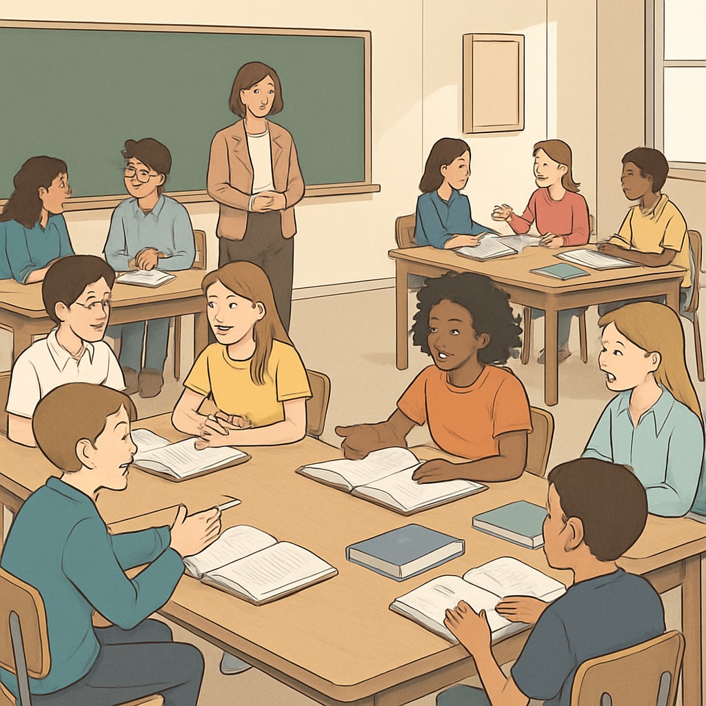 An interactive classroom setting where students are engaged in group discussions, showcasing dynamic learning measurement. Students collaborating in a classroom to demonstrate comprehensive learning assessments.