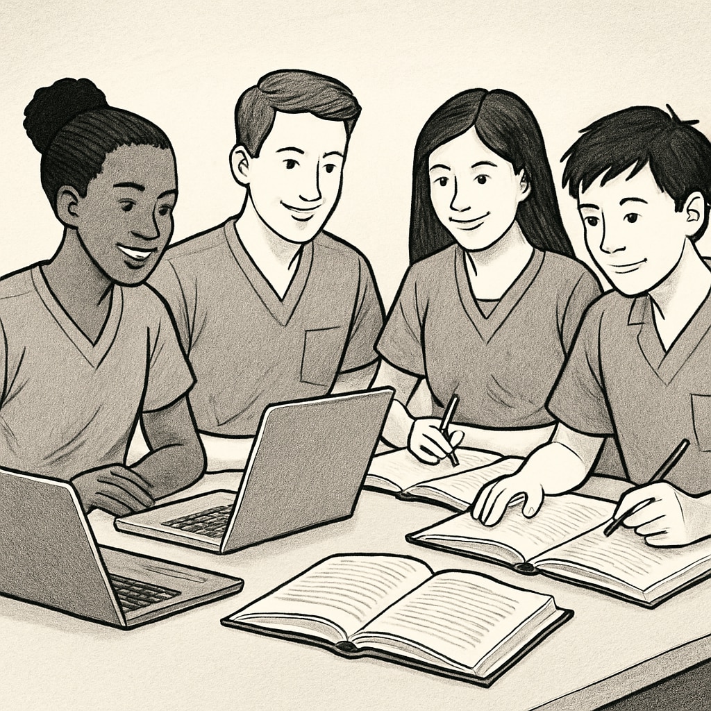 A group of nursing students collaborating in an online study session, with laptops and textbooks visible. Nursing students in an online study group, using laptops and textbooks.
